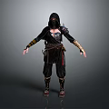 Woman In Black Hooded Warrior Outfit With Arm Straps And Waist Belt Details