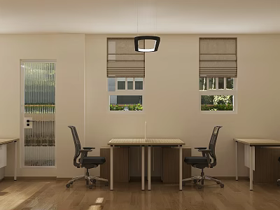 Modern Public Office Space Interior With Wooden Desks Black Chairs Windows And Glass Door 3d model