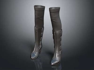 Black Knee High Boots With Metallic Buckles And High Heels Fashion Style 3d model