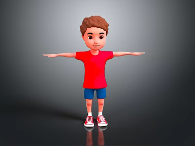 3D Cartoon Boy In Red Shirt Blue Shorts With Outstretched Arms And Floor Reflection 3d model