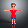 3D Cartoon Boy In Red Shirt Blue Shorts With Outstretched Arms And Floor Reflection