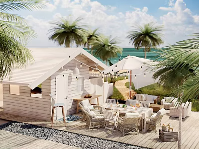 Charming Tropical Beach Cabin Scenery With Lush Palm Trees And Comfortable Seaside Outdoor Lounge 3d model