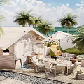 Charming Tropical Beach Cabin Scenery With Lush Palm Trees And Comfortable Seaside Outdoor Lounge