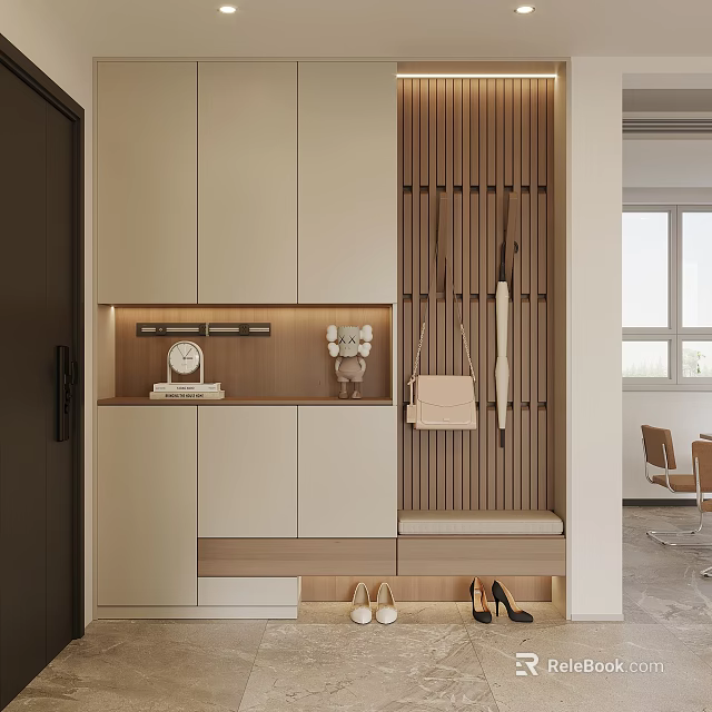 Modern Entryway Design With Cabinet Clothing Rack Bench Shoes And Decorative Lighting 3d model 