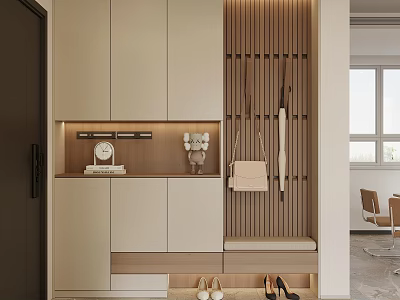 Modern Entryway Design With Cabinet Clothing Rack Bench Shoes And Decorative Lighting 3d model