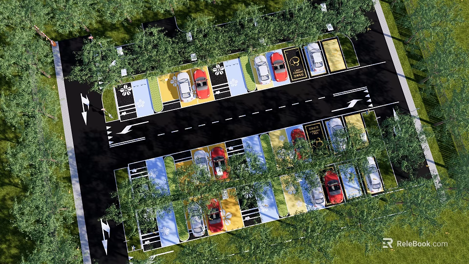 Eco Parking Lot Design With Landscaped Areas Tree Plantings And Colorful Spaces 3d model 