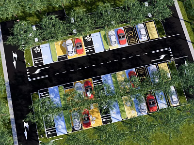 Eco Parking Lot Design With Landscaped Areas Tree Plantings And Colorful Spaces 3d model