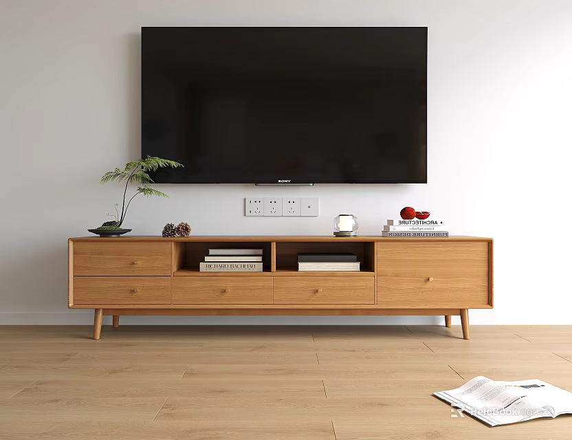 Natural Wood TV Stand with Drawers Open Shelves and Decorative Items Under Wall Mounted TV 3d model 
