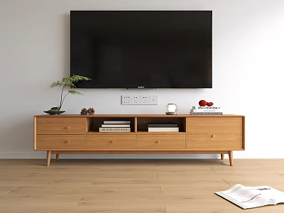 Natural Wood TV Stand with Drawers Open Shelves and Decorative Items Under Wall Mounted TV 3d model