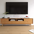 Natural Wood TV Stand with Drawers Open Shelves and Decorative Items Under Wall Mounted TV