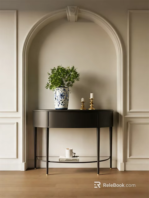 Stylish Entryway Side Cabinet With Blue White Vase Green Plant And Gold Candle Holders 3d model 