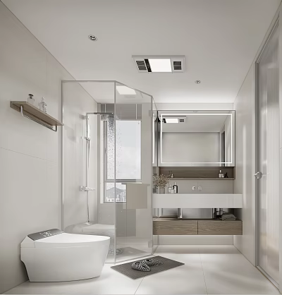 Modern Bathroom Interior Design With Glass Shower Enclosure Wooden Vanity And Mirror 3d model