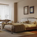 Cozy Modern Bedroom Interior With Wooden Bed Nightstand Desk And Wall Art