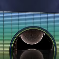 Contemporary Arched Entrance Building With Striped Facade Moon Display And Reflection Against Teal Sky