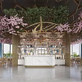 Modern Restaurant Interior With Geometric Ceiling Pink Cherry Blossoms Chandeliers And Wooden Tables Chairs