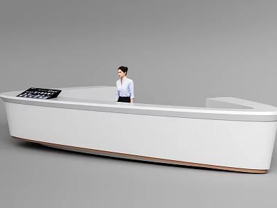 Modern White Curved Reception Desk With Digital Display And Professional Receptionist 3d model