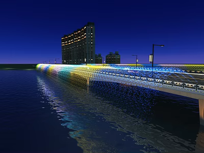 Night View Of Landscape Bridge With Colorful Lights Street Lamps And Tall Buildings 3d model