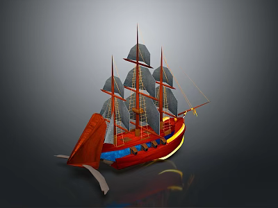 Model Sailing Ship With Red Blue Yellow Hull Multiple Gray Sails And Detailed Design 3d model