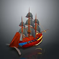 Model Sailing Ship With Red Blue Yellow Hull Multiple Gray Sails And Detailed Design 3d model