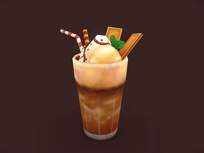 Iced Coffee Milkshake With Ice Cream Scoop Striped Straws Chocolate Bars And Mint Leaf 3d model