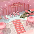 Pink Summer Delight Scene With Striped Deck Chairs Palm Trees Pink Car And Umbrellas