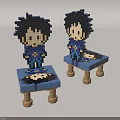 Blue Sofa Stool With Wooden Legs Featuring Pixel Art Character Design 3d model