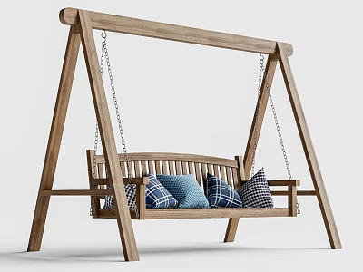 Wooden Swing Bench With Sturdy Wooden Frame Blue And White Checkered Cushions 3d model