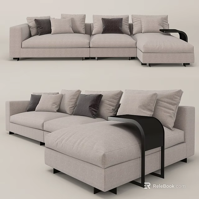 Light Gray Sectional Sofa With Plush Cushions Dark Accent Pillows And Black Side Table 3d model