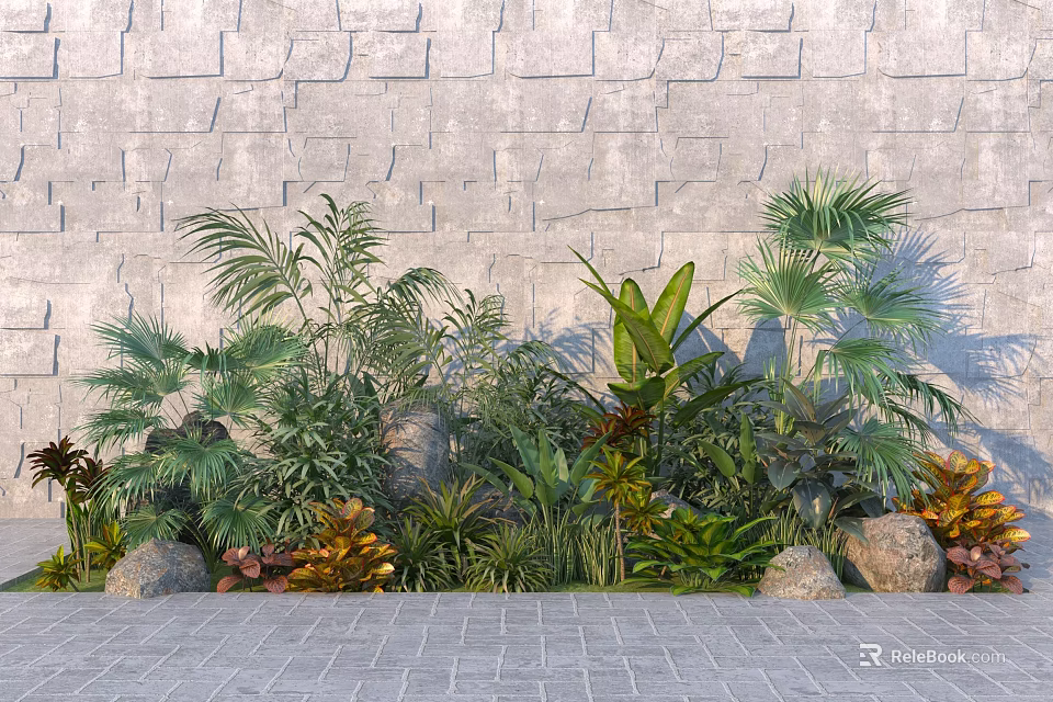 Lush Plant Combination With Diverse Greenery Against Gray Stone Wall On Paved Stone Floor 3d model 