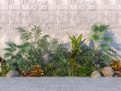 Lush Plant Combination With Diverse Greenery Against Gray Stone Wall On Paved Stone Floor 3d model