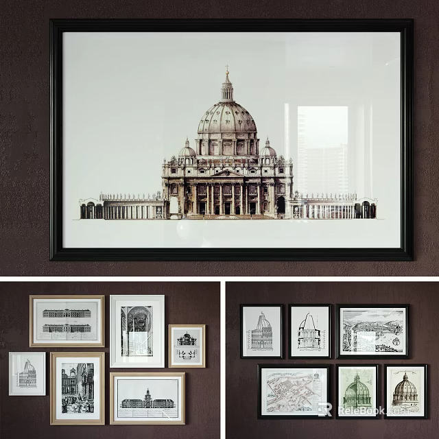 Architectural Landscape Painting Featuring Domed Building In Framed Wall Art For Home Decor 3d model 