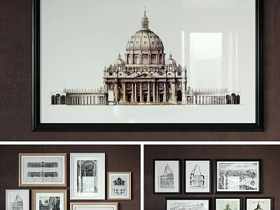 Architectural Landscape Painting Featuring Domed Building In Framed Wall Art For Home Decor 3d model