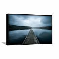 Tranquil Landscape Painting With Calm Lake Wooden Dock Cloudy Sky And Forest Reflection