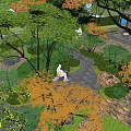 Tranquil Courtyard Garden With Stone Pathway Lush Greenery Autumn Trees And Flowing Stream
