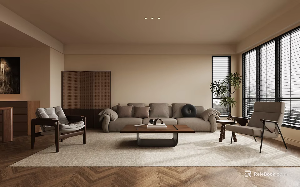 Modern Living Room Design With Beige Sofa Wooden Chairs Coffee Table Herringbone Floor And Windows 3d model 