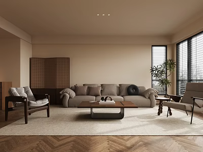 Modern Living Room Design With Beige Sofa Wooden Chairs Coffee Table Herringbone Floor And Windows 3d model