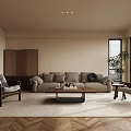 Modern Living Room Design With Beige Sofa Wooden Chairs Coffee Table Herringbone Floor And Windows