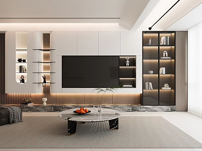 Modern Living Room Interior With TV Wall Shelves Marble Coffee Table And Decorations 3d model