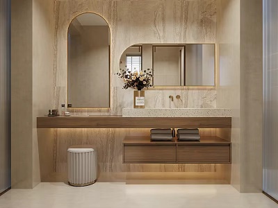 Modern Bathroom Interior Featuring Arched Mirror Rectangular Mirror Wooden Countertop Marble Surface And Flower Vase 3d model