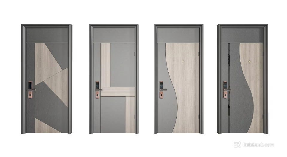 Modern Hinged Doors With Geometric Wave Patterns And Gray Wood Tones 3d model