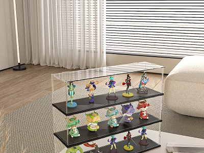 Dolls Showcased In Transparent Multi Shelf Acrylic Display Case For Living Room Decor 3d model