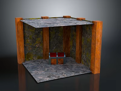 Household Storage Solution With Wooden Frame Stone Floor And Red Lid Wooden Chest 3d model