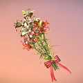 Bouquet of White Orange Pink Flowers With Green Leaves Tied With Red Pink Ribbon