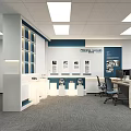 Modern Conference Room With Long Table Blue Chairs Large Screen And Floor to Ceiling Windows