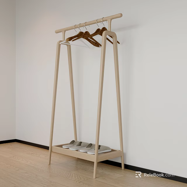 Light Wood Floor Standing Coat Rack with Hangers and Shoe Shelf in White Room 3d model 