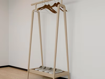 Light Wood Floor Standing Coat Rack with Hangers and Shoe Shelf in White Room 3d model
