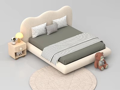 Modern Kids Bed With Upholstered Headboard Striped Blanket Pillows Nightstand Lamp Teddy Bear Round Rug 3d model