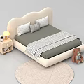 Modern Kids Bed With Upholstered Headboard Striped Blanket Pillows Nightstand Lamp Teddy Bear Round Rug