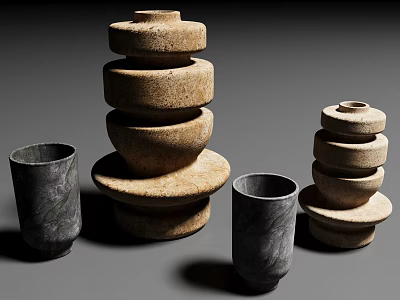Bonsai Potted Plants Arranged With Stacked Ceramic Pots For Indoor Garden Decor 3d model