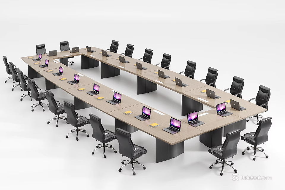 Modern Conference Table With Black Office Chairs And Laptops On Tabletop 3d model 